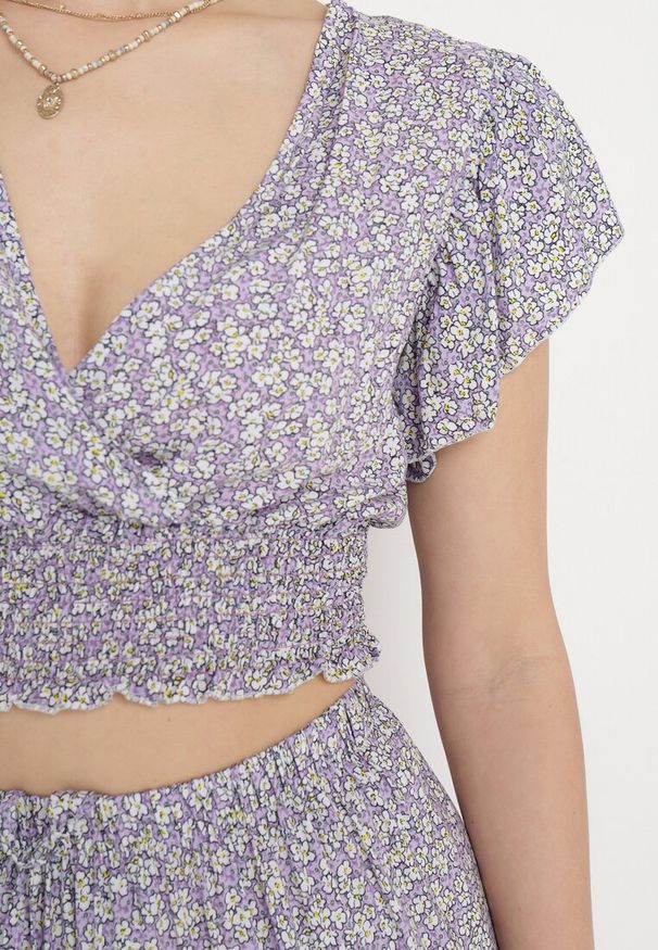 Born2be - Fioletowy Komplet Bluzka z Kopertowym Dekoltem i Rozkloszowaną Spódnicą Myxia. Kolor: fioletowy. Materiał: bawełna