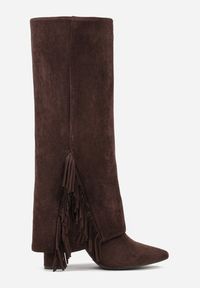 Born2be - Brązowe Kozaki na Słupku z Wywiniętą Cholewką z Frędzlami Linadela. Okazja: do pracy, na co dzień, na spotkanie biznesowe. Kolor: brązowy. Materiał: satyna, jeans. Szerokość cholewki: normalna. Obcas: na słupku. Styl: klasyczny, casual, elegancki, biznesowy #5