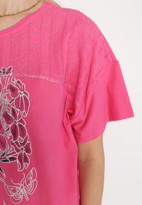 Born2be - Różowa Bawełniana Bluzka Ozdobiona Haftami i Nadrukami z Troczkiem Norelli. Kolor: różowy. Materiał: bawełna. Wzór: nadruk, aplikacja, haft #3