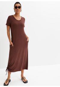 bonprix - Sukienka shirtowa midi, z kieszeniami po bokach i marszczeniem. Kolor: brązowy. Długość rękawa: krótki rękaw. Długość: midi #3