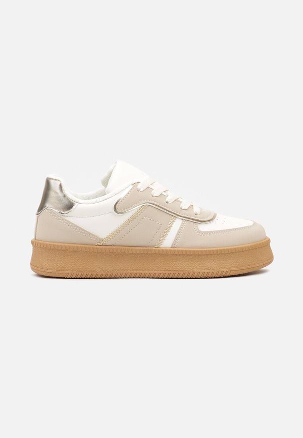 Born2be - Beżowo-Białe Płaskie Sneakersy z Perforacją i Ozdobnymi Przeszyciami Neaviria. Okazja: na co dzień. Zapięcie: sznurówki. Kolor: beżowy. Materiał: jeans. Sezon: wiosna, jesień