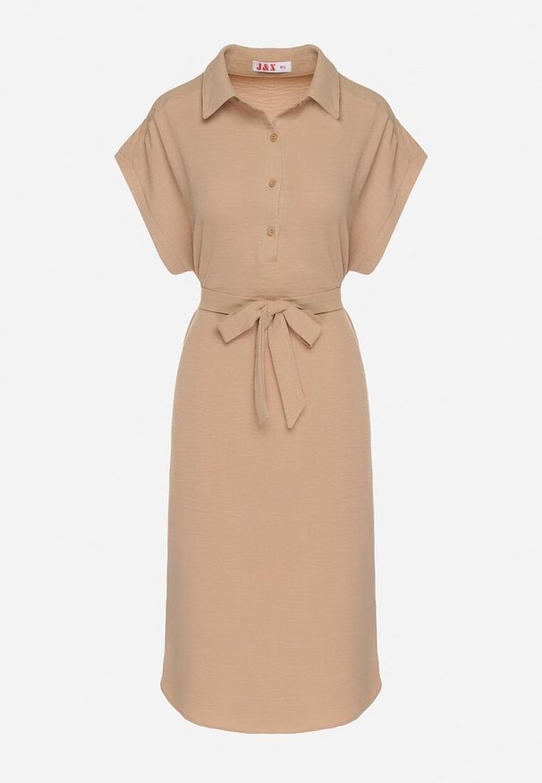 Born2be - Jasnobrązowa Sukienka z Bawełną i Ozdobnym Paskiem Savanire. Okazja: na co dzień. Kolor: brązowy. Materiał: bawełna. Typ sukienki: koszulowe. Styl: elegancki, klasyczny, casual