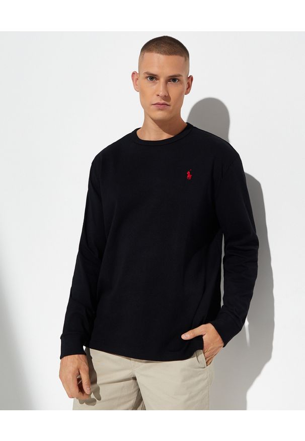 Ralph Lauren - RALPH LAUREN - Czarny longsleeve z bawełny. Typ kołnierza: polo. Kolor: czarny. Materiał: bawełna. Długość rękawa: długi rękaw. Długość: długie. Wzór: haft. Styl: klasyczny