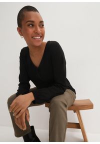 bonprix - Bluzka bawełniana z czystej bawełny z długim rękawem i gumką. Typ kołnierza: dekolt w serek. Kolor: czarny. Materiał: bawełna. Długość rękawa: długi rękaw. Długość: długie #2