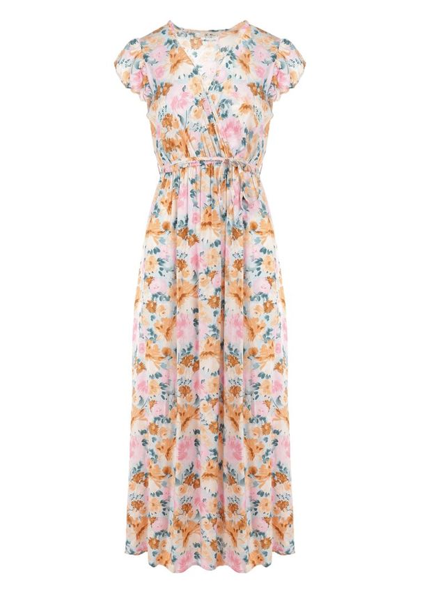 Born2be - Biało-Miętowa Sukienka Iraris. Typ kołnierza: kołnierz z falbankami. Kolor: biały. Materiał: tkanina, materiał, wiskoza. Długość rękawa: bez rękawów. Wzór: kwiaty. Sezon: lato. Typ sukienki: kopertowe. Długość: maxi