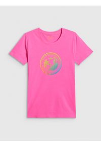 4f - 4F T-shirt regular z nadrukiem damski - różowy M. Okazja: na co dzień. Kolor: różowy. Materiał: dzianina, bawełna, materiał. Wzór: nadruk. Styl: casual, klasyczny, sportowy #1