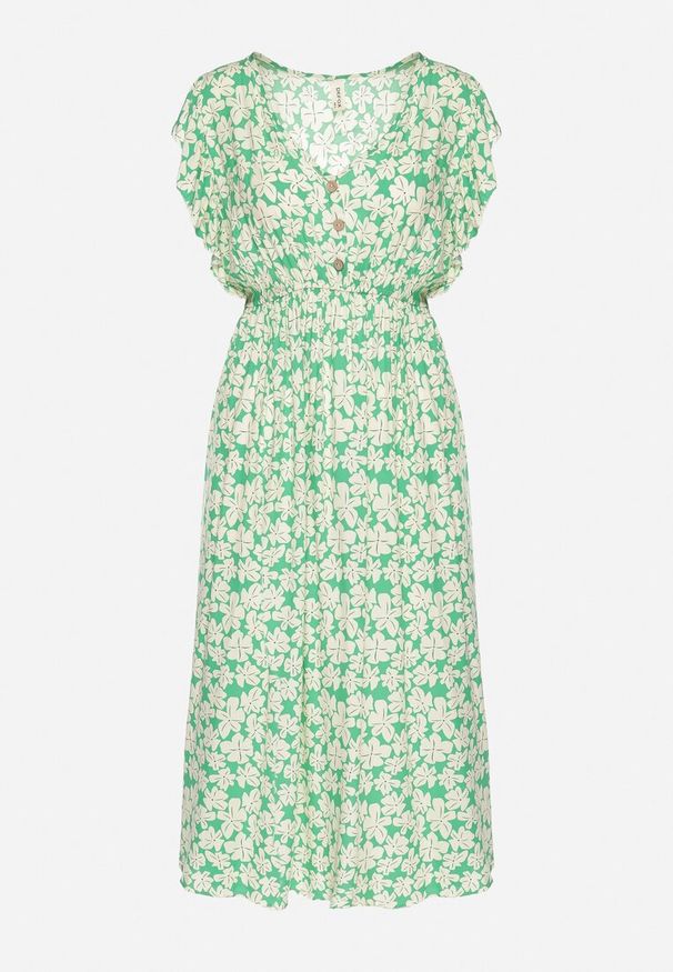 Born2be - Zielona Bawełniana Sukienka w Kwiatki o Rozkloszowanym Kroju z Gumką Alanilia. Okazja: na co dzień. Typ kołnierza: dekolt w kształcie V. Kolor: zielony. Wzór: kwiaty. Typ sukienki: rozkloszowane. Materiał: bawełna. Długość rękawa: krótki rękaw. Sezon: wiosna, lato. Styl: elegancki, casual