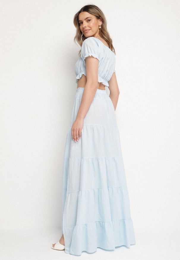 Born2be - Jasnoniebieski 2-częściowy Komplet z Wiskozy z Hiszpańskim Topem i Spódnicą Kinzley. Kolor: niebieski. Materiał: wiskoza. Wzór: aplikacja