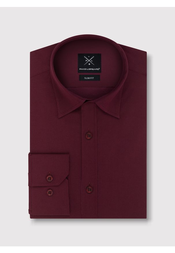 Pako Lorente - PAKO LORENTE – Bordowa gładka koszula męska. Okazja: na wesele, na ślub cywilny. Kolor: czerwony, niebieski. Materiał: elastan, bawełna. Wzór: gładki. Styl: elegancki