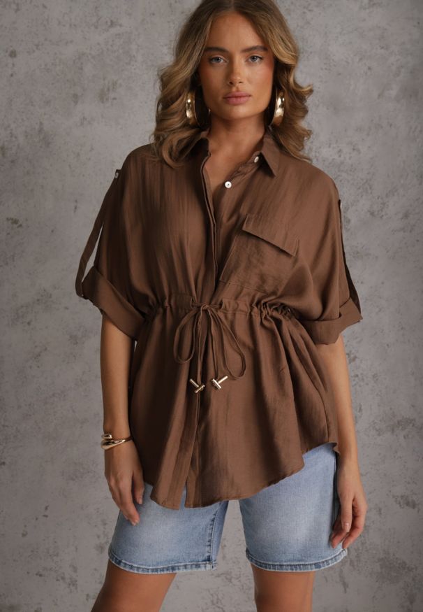 Renee - Brązowa Koszula Typu Nietoperz Utility z Lnem i Wiskozą z Wiązaniem w Talii Fyserynore. Kolor: brązowy. Materiał: wiskoza, len. Sezon: lato