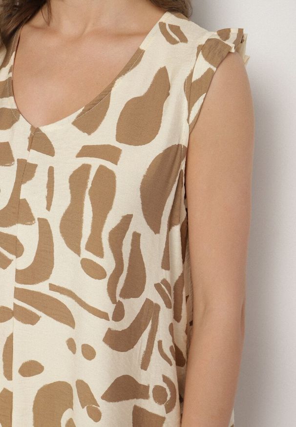 Born2be - Beżowa Sukienka o Rozkloszowanym Kroju z Dekoltem w Serek w Abstrakcyjny Wzór Mevondra. Okazja: na co dzień. Typ kołnierza: dekolt w serek. Kolor: beżowy. Materiał: jeans, skóra. Długość rękawa: bez rękawów. Styl: elegancki, casual