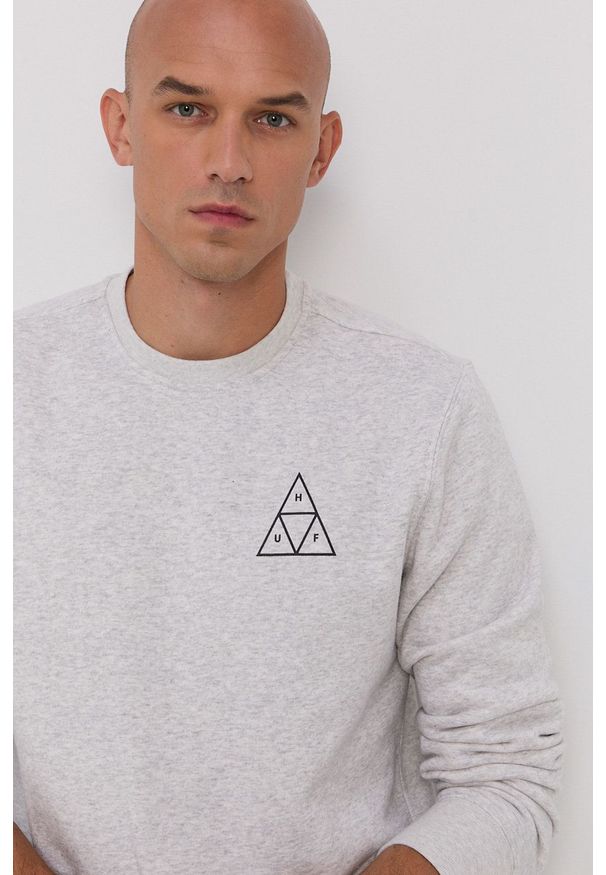 HUF Bluza męska kolor szary z nadrukiem. Okazja: na co dzień. Kolor: szary. Materiał: dzianina. Wzór: nadruk. Styl: casual