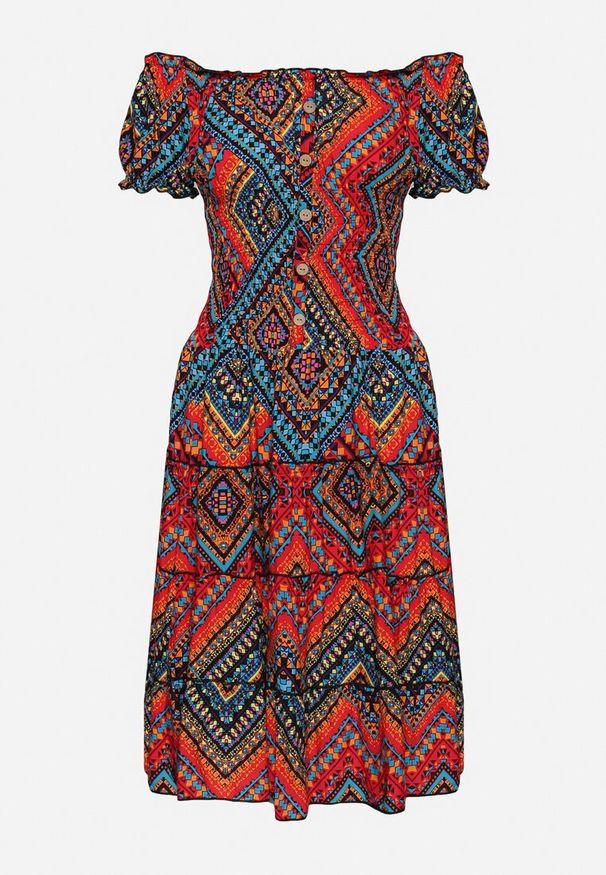Born2be - Czerwona Sukienka Bawełniana Hiszpanka w Stylu Boho Raelinora. Typ kołnierza: dekolt hiszpanka. Kolor: czerwony. Materiał: bawełna. Styl: boho