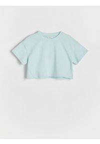 Reserved - Bawełniany t-shirt - jasnoturkusowy. Kolor: turkusowy. Materiał: bawełna. Długość: krótkie