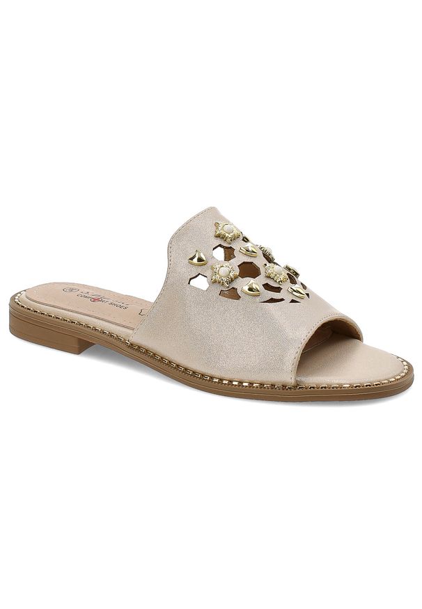 Złote Klapki S.Barski Eleganckie Buty Damskie. Okazja: na spacer, na plażę. Kolor: złoty. Materiał: skóra ekologiczna. Sezon: lato. Styl: elegancki