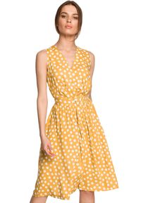 Style - Kopertowa sukienka midi w grochy z paskiem w talii żółta. Kolor: żółty. Wzór: grochy. Typ sukienki: kopertowe. Długość: midi #1