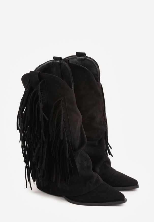 Renee - Czarne Botki Kowbojki na Słupku Ozdobione Frędzlami i Wywiniętą Cholewką Aedime. Okazja: na co dzień. Kolor: czarny. Szerokość cholewki: normalna. Wzór: aplikacja. Obcas: na słupku. Styl: casual