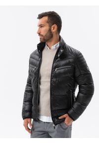 Ombre Clothing - Kurtka męska zimowa pikowana z ozdobnymi zamkami - czarna V1 - Rozmiar: XXL. Typ kołnierza: kołnierzyk stójkowy. Kolor: czarny. Materiał: materiał, syntetyk, skóra. Długość: krótkie. Wzór: aplikacja, gładki. Sezon: zima. Styl: sportowy #1