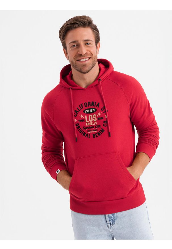 Ombre Clothing - Bluza męska kangurka z nadrukiem - czerwona V2 - Rozmiar: L. Typ kołnierza: kaptur. Kolor: czerwony. Materiał: poliester, bawełna. Wzór: nadruk