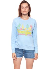 Wrangler - BLUZA WRANGLER DAMSKA SWEATER CERULEAN W6077IEVT. Kolor: niebieski. Wzór: kolorowy, nadruk