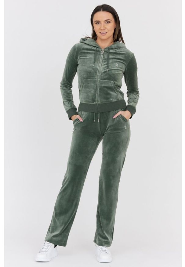 Juicy Couture - JUICY COUTURE Welurowa zielona rozpinana bluza damska diamante hoodie, Rozmiar L. Kolor: zielony. Materiał: welur