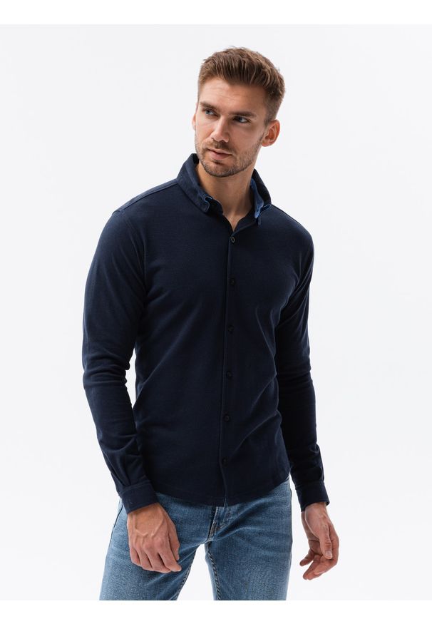 Ombre Clothing - Dzianinowa męska koszula SLIM FIT z długim rękawem – granatowa V2. Kolor: niebieski. Materiał: dzianina. Długość rękawa: długi rękaw. Długość: długie