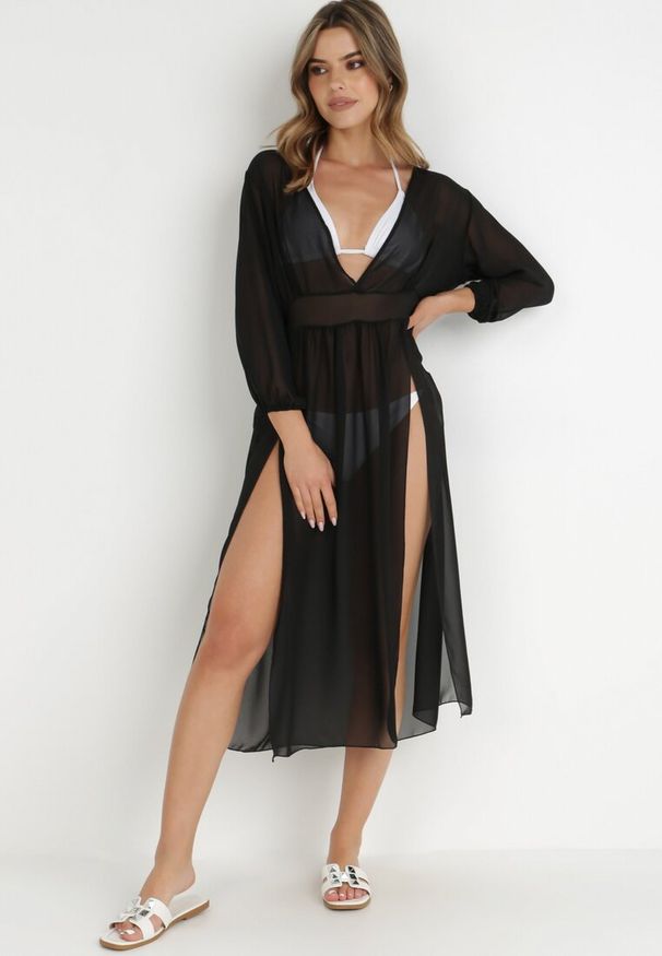 Born2be - Czarna Sukienka Plażowa Katissa. Okazja: na plażę. Kolekcja: plus size. Kolor: czarny. Typ sukienki: dla puszystych. Materiał: tkanina. Długość rękawa: długi rękaw. Sezon: lato. Styl: elegancki. Długość: midi