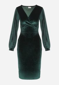 Born2be - Zielona Dopasowana Sukienka Welurowa z Kopertowym Dekoltem Wilara. Kolor: zielony. Materiał: welur. Długość rękawa: długi rękaw. Typ sukienki: kopertowe. Styl: klasyczny #7