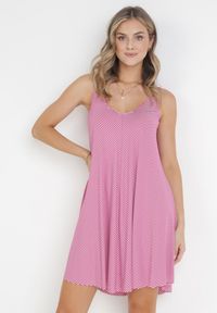 Born2be - Ciemnoróżowa Trapezowa Sukienka Mini z Wiskozy na Podwójnych Ramiączkach Dains. Kolor: różowy. Materiał: wiskoza. Długość rękawa: na ramiączkach. Wzór: paski. Sezon: wiosna, lato. Typ sukienki: trapezowe. Długość: mini #5