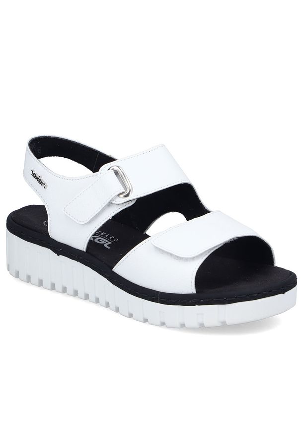 Skórzane sandały damskie na koturnie białe Rieker V1382-80. Kolor: biały. Materiał: skóra. Obcas: na koturnie