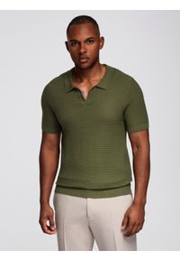 Ombre Clothing - Męska dzianinowa koszulka polo bez zapięcia – oliwkowa V1 - Rozmiar: S. Okazja: na co dzień. Typ kołnierza: polo. Kolor: oliwkowy. Materiał: dzianina. Wzór: gładki, ze splotem. Styl: klasyczny, casual #7