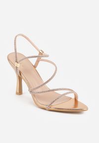 Renee - Szampańskie Cyrkoniowe Sandały na Szpilce w Koktajlowym Stylu Coramere. Kolor: złoty. Materiał: satyna. Obcas: na szpilce. Styl: wizytowy #8