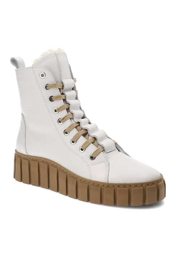 CheBello - Białe Botki Chebello Ocieplane Skórzane Buty Damskie. Kolor: biały. Materiał: skóra