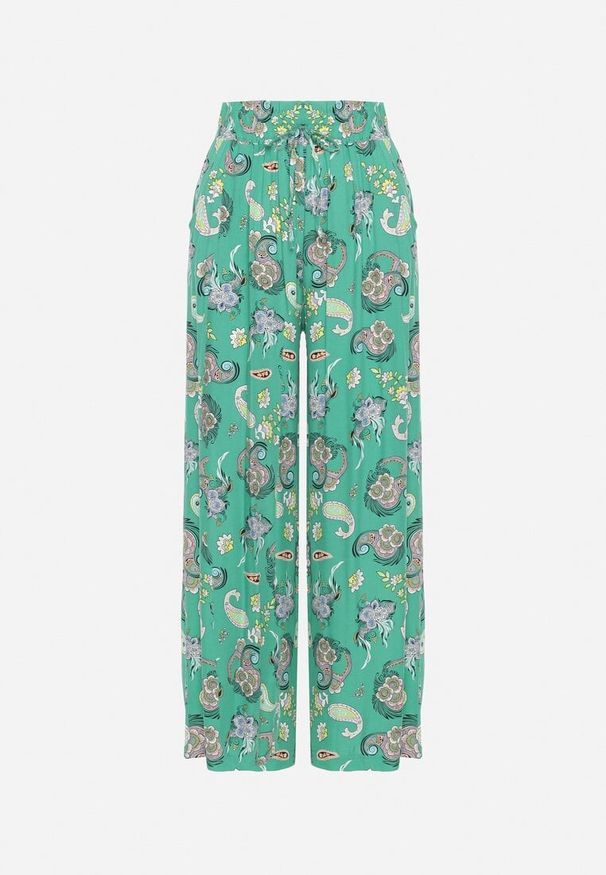 Born2be - Zielone Spodnie z Bawełny z w Stylu Boho z Szerokimi Nogawkami i Gumką w Talii Jelvia. Kolor: zielony. Materiał: bawełna. Sezon: lato. Styl: boho