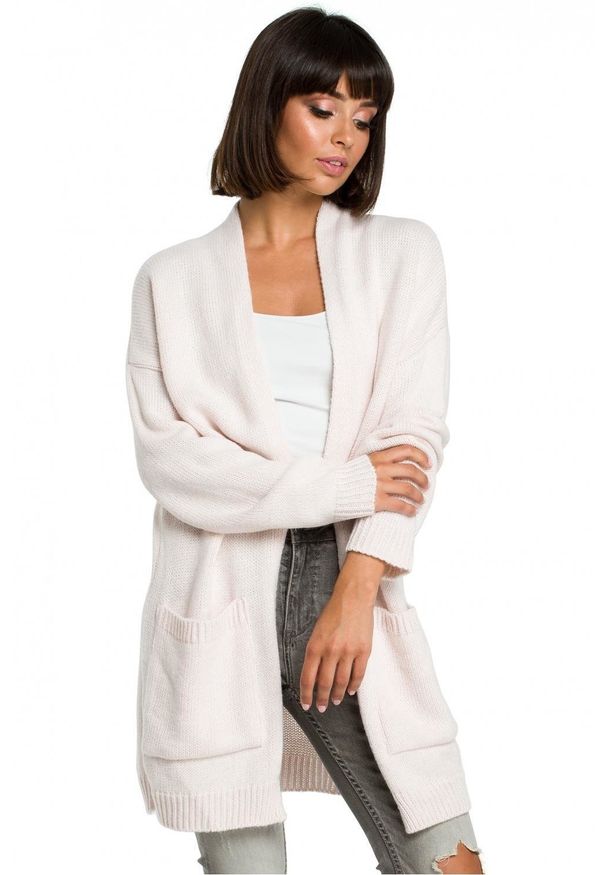 BE Knit - Długi melanżowy sweter kardigan z kieszeniami bez zapięcia. Materiał: jeans, dzianina, materiał, akryl. Długość rękawa: długi rękaw. Długość: długie. Wzór: melanż