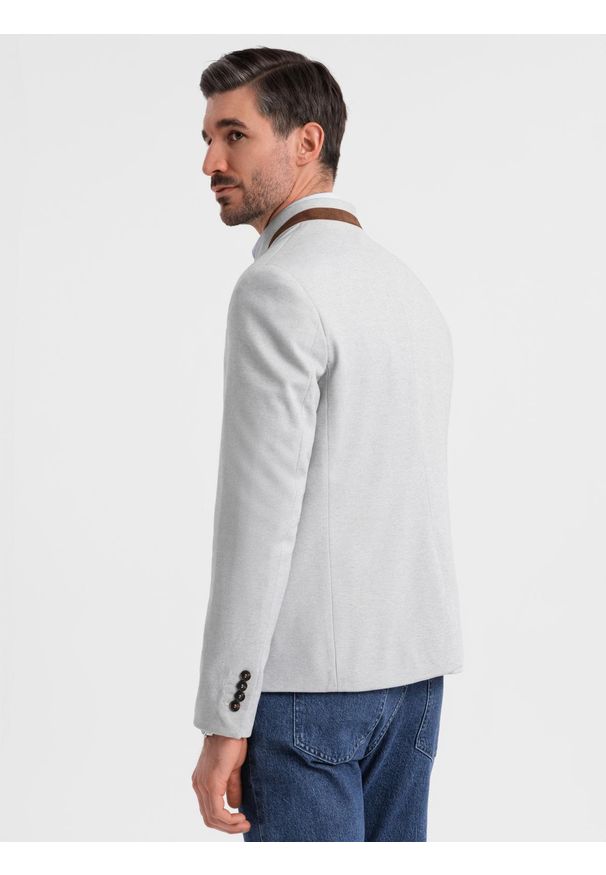 Ombre Clothing - Męska melanżowa marynarka z dodatkiem rayonu ze stójką – szary melanż V4 - Rozmiar: XXL. Okazja: na co dzień. Typ kołnierza: kołnierzyk stójkowy. Kolor: szary. Materiał: tkanina, skóra, zamsz, poliester, materiał. Wzór: melanż. Styl: klasyczny, casual