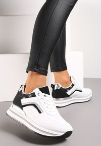 Renee - Biało-Czarne Sneakersy z Ekoskóry z Brokatowymi Wstawkami i Sznurowaniem Jelise. Kolor: biały #4