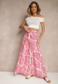 Renee - Różowo-Beżowe Spodnie o Szerokim Kroju High Waist w Liście Tenoralia. Stan: podwyższony. Kolor: różowy. Styl: elegancki #4