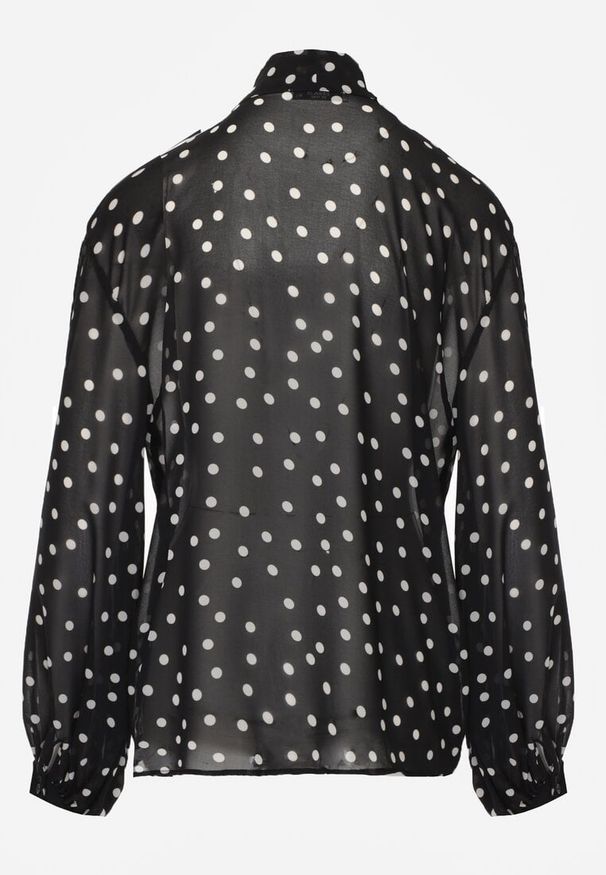 Renee - Czarna Półprzezroczysta Koszula w Kropki z Wiskozy i Bawełny z Wiązaniem Delmara. Kolor: czarny. Materiał: wiskoza, bawełna. Wzór: kropki. Styl: retro