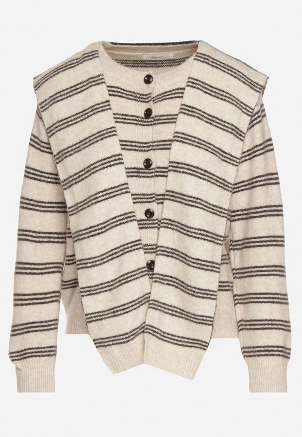 Born2be - Beżowy Kardigan w Paski z Domieszką Wełny z Dodatkową Narzutką Fedina. Kolor: beżowy. Materiał: wełna. Długość rękawa: długi rękaw. Długość: długie. Wzór: paski. Styl: elegancki, klasyczny