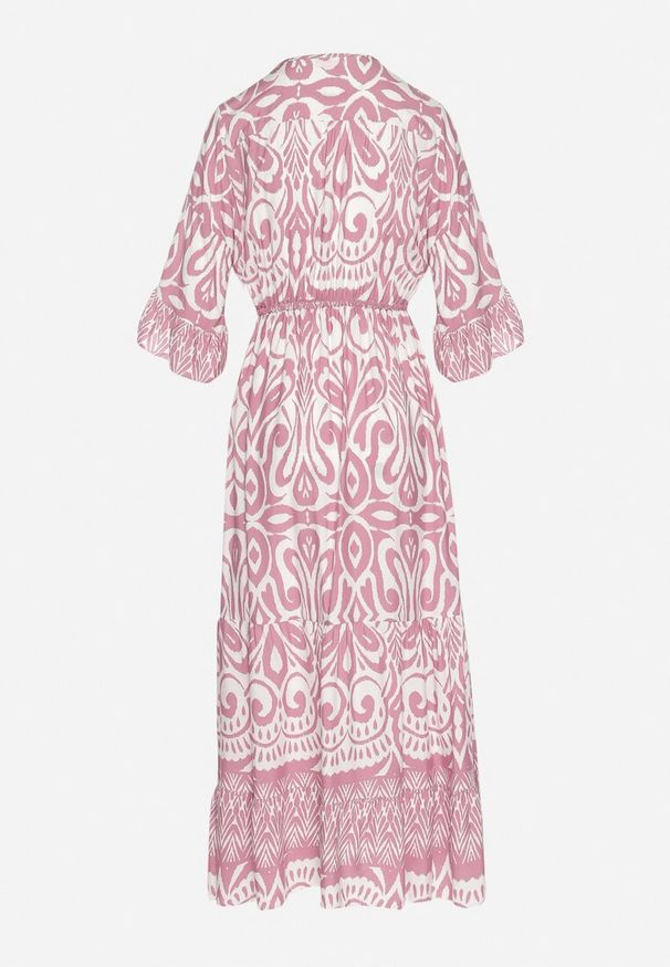 Born2be - Różowa Sukienka Bawełniana w Ornamentalny Wzór z Gumką w Talii Orrielle. Okazja: na co dzień. Typ kołnierza: dekolt w serek. Kolor: różowy. Materiał: bawełna. Typ sukienki: sportowe. Styl: casual, sportowy