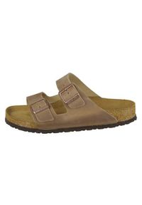 Klapki Birkenstock 552811. Zapięcie: bez zapięcia. Kolor: brązowy. Materiał: skóra, syntetyk, materiał. Szerokość cholewki: normalna. Sport: turystyka piesza