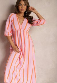 Renee - Różowo-Pomarańczowa Bawełniana Sukienka w Paski o Rozkloszowanym Kroju Legelia. Kolor: różowy. Materiał: bawełna. Wzór: paski. Typ sukienki: rozkloszowane #2