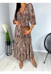 ModnaKiecka.pl - Brązowa Wzorzysta Sukienka Maxi 6601-41. Kolor: wielokolorowy, brązowy, beżowy. Materiał: elastan, poliester. Długość: maxi #1