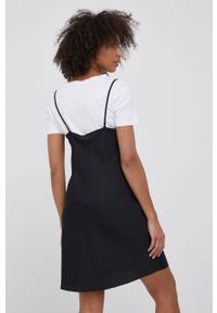Calvin Klein sukienka kolor czarny mini rozkloszowana. Kolor: czarny. Materiał: tkanina. Długość rękawa: na ramiączkach. Wzór: gładki. Długość: mini #2