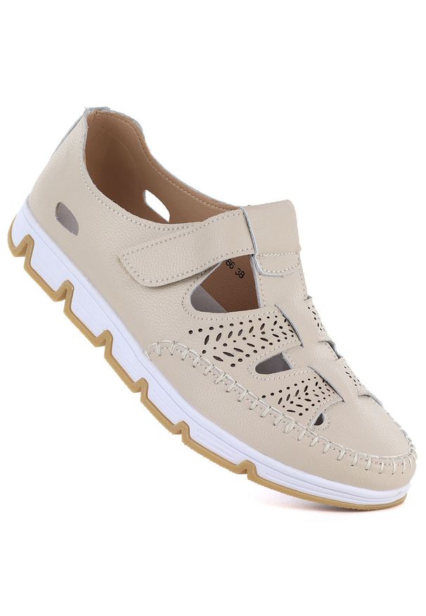 Skórzane półbuty damskie ażurowe na rzep beżowe T.Sokolski W26-86. Zapięcie: rzepy. Kolor: beżowy. Materiał: skóra. Wzór: ażurowy