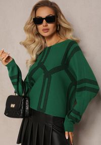 Renee - Ciemnozielony Sweter z Okrągłym Dekoltem i Wzorem w Paski Busso. Kolor: zielony. Wzór: paski #1