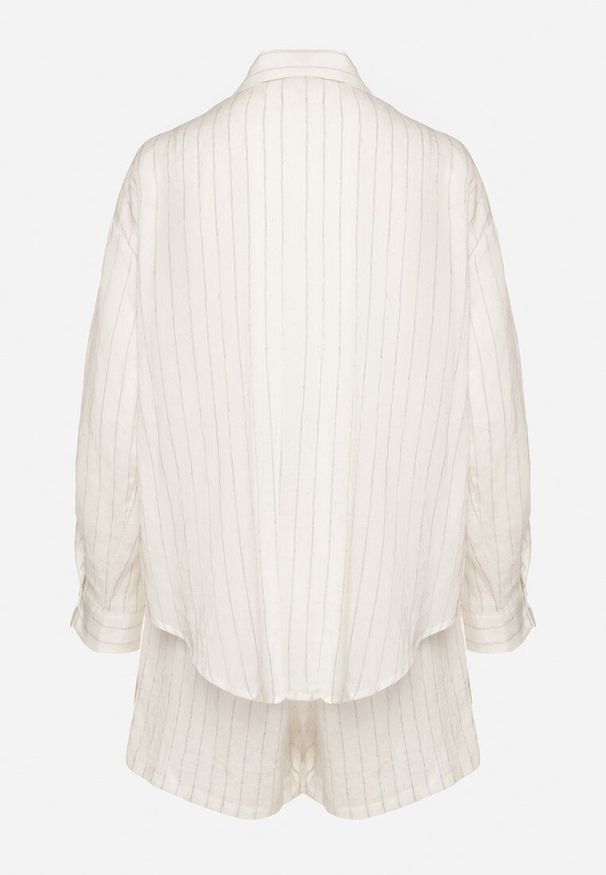 Born2be - Biały Komplet w Pionowe Paseczki Koszula i Szorty Venitta. Kolor: biały. Materiał: bawełna. Wzór: nadruk, aplikacja