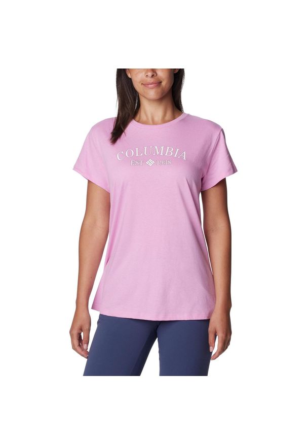 columbia - Koszulka damska Columbia Trek Graphic Tee z krótkim rękawem Koszulka damska Colu. Kolor: różowy. Materiał: jedwab, poliester, bawełna, jersey. Długość rękawa: krótki rękaw. Długość: krótkie. Wzór: nadruk
