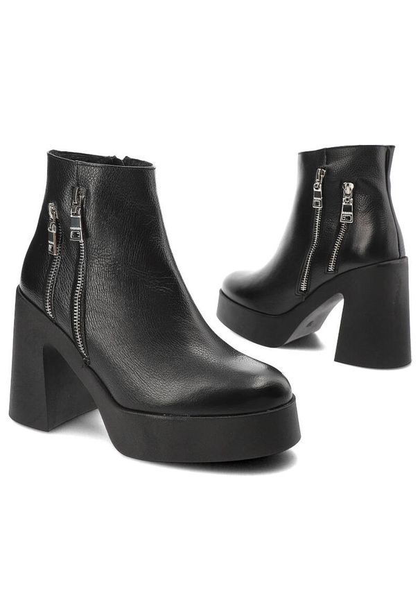 Czarne Botki Armodo Eleganckie Obuwie Na Obcasie. Kolor: czarny. Materiał: skóra. Wzór: grochy. Obcas: na obcasie. Styl: elegancki. Wysokość obcasa: średni